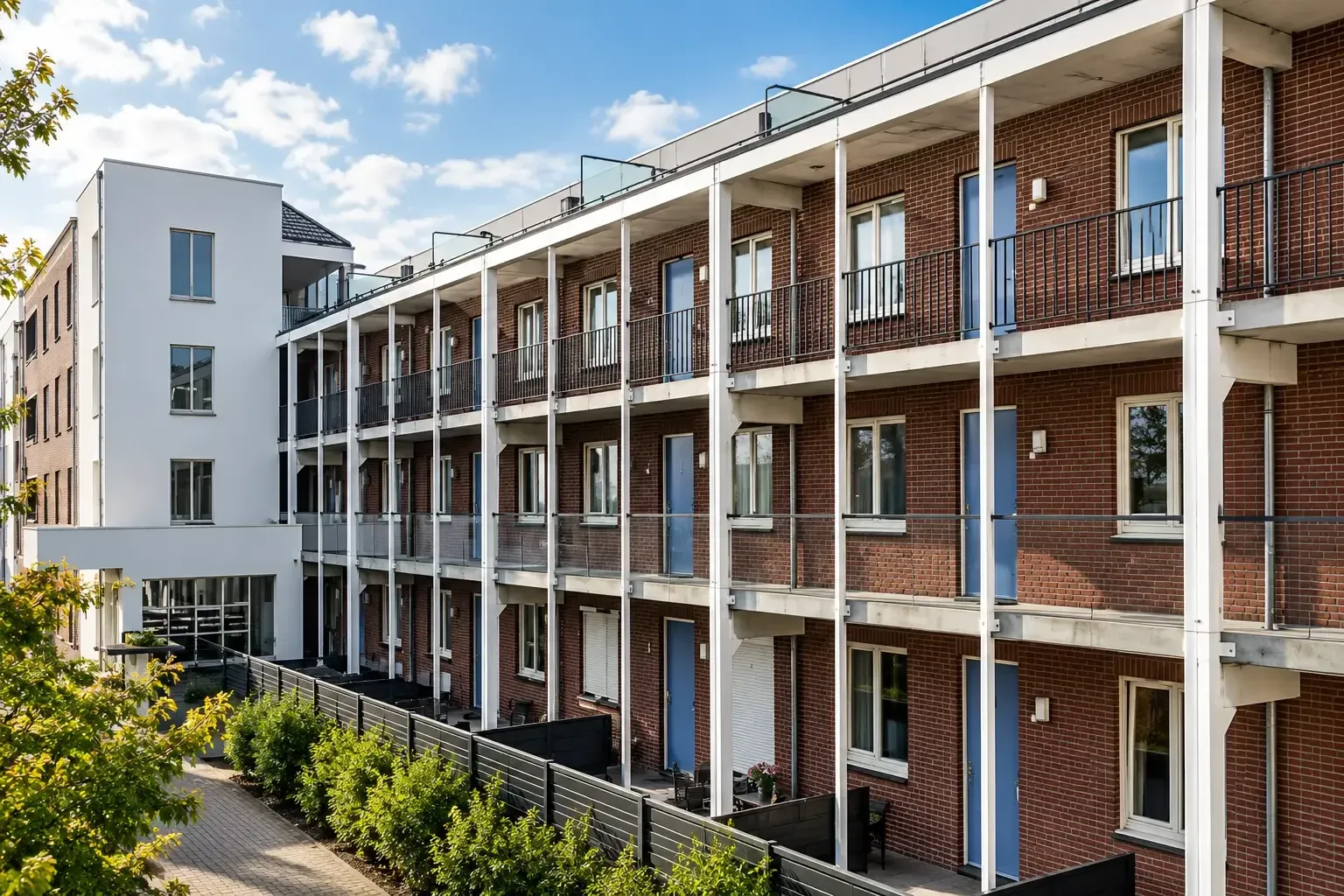 Appartementencomplex met galerijen, na het schilderwerk.