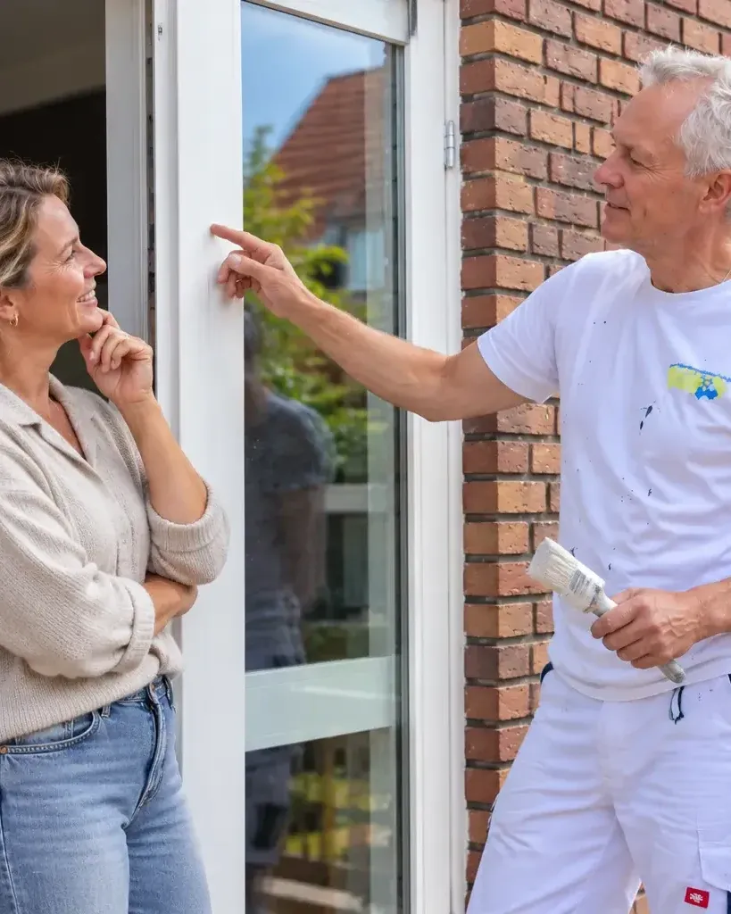 Wim van Os bespreekt het kozijn van een tuindeur met een bewoonster.